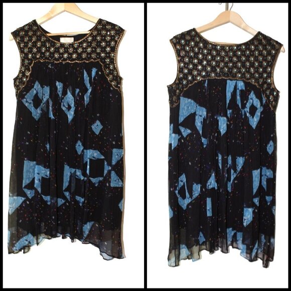 Moulinette Soeurs gold & blue beaded Embellished Mini dress Siz 8 spring ASIS - Picture 1 of 13